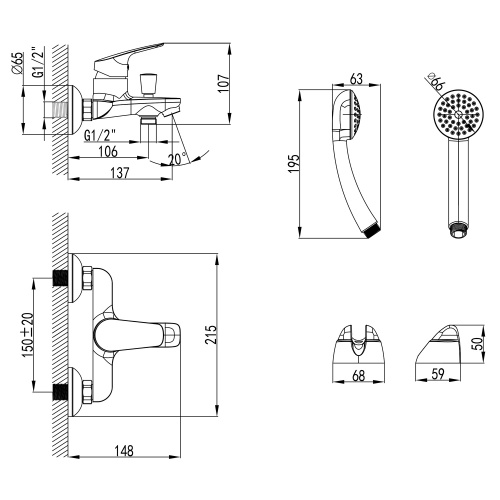 фото смеситель для ванны и душа azario с ручным душем, керамический картридж, хром (az-hu245906)