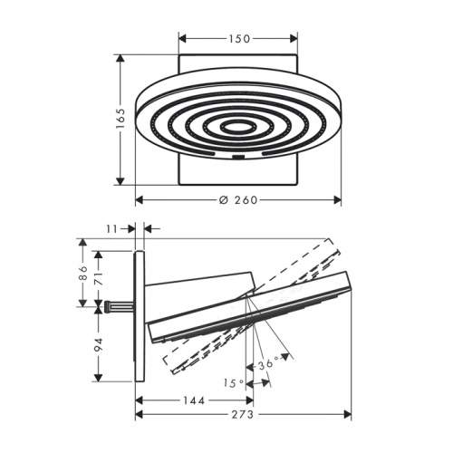 картинка HANSGROHE PULSIFY Верхний душ Ø260 мм., с настенным креплением, 2 режима, внешняя часть, цвет хром/графит от магазина Сантехстрой