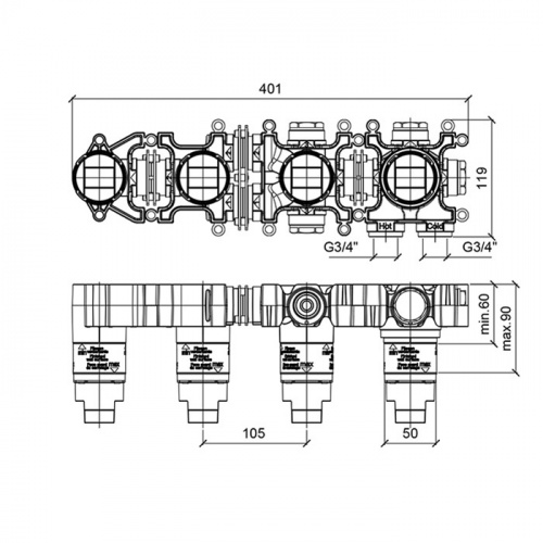 картинка ALMAR Встраиваемая часть однорычажного смесителя с переключателем на 2 положения, горизонтальный модуль для ванны от магазина Сантехстрой
