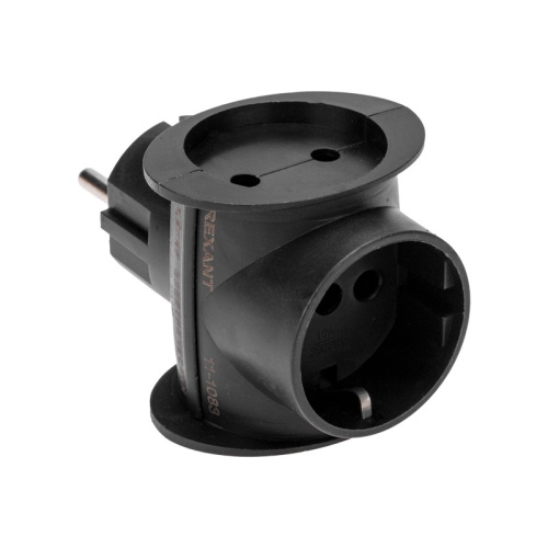 картинка Тройник электрический универсальный 16 А одно гнездо с заземлением черный REXANT от магазина Сантехстрой