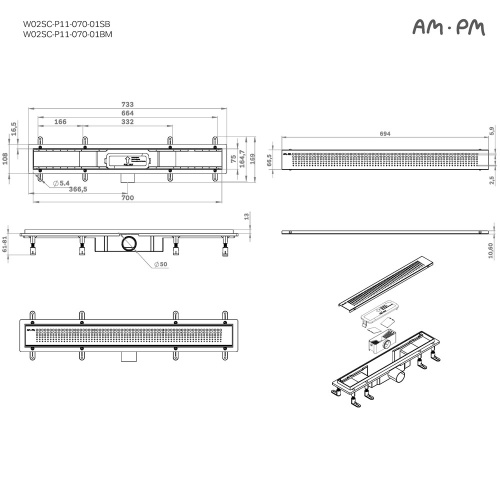 картинка W02SC-P11-070-01SB PrimeFlow Трап для душа линейный универс затвор Cut Gradient 70см цвет сталь мат от магазина Сантехстрой