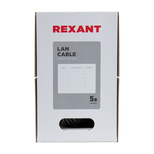 картинка Кабель витая пара U/UTP,  CAT 5e, PVC,  4PR,  24AWG, INDOOR, SOLID,  серый,  305 м,  REXANT от магазина Сантехстрой