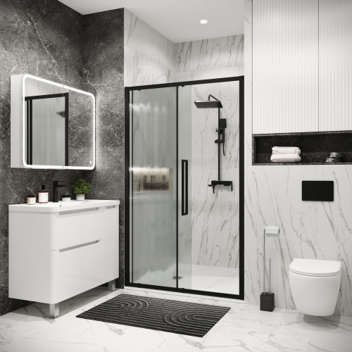 картинка Дверь в нишу 100.K33.02.130.21.02 Cosmo (130*195) черный матовый, стекло шиншилла, 1 место от магазина Сантехстрой