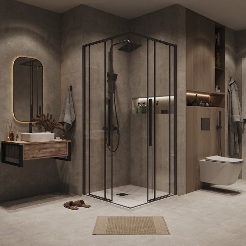 картинка Душевая перегородка 1/2 Grossman Galaxy 1/2.K33.01.70.21.00 (70х195) черный матовый,стекло прозрачное, 1 место от магазина Сантехстрой