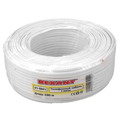 картинка Кабель телефонный ШТЛП 2 жилы Cu,  белый,  100 м REXANT от магазина Сантехстрой