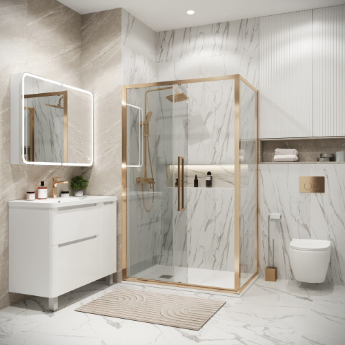 картинка Душевое ограждение Grossman Cosmo 100.K33.02.110.32.00-200.K33.02.80.32.00 (110х80х195) раздвижная,золото сатин,стекло прозрачное,2 места от магазина Сантехстрой