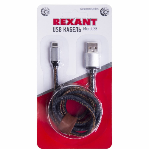 картинка USB кабель microUSB,  шнур в джинсовой оплетке REXANT от магазина Сантехстрой