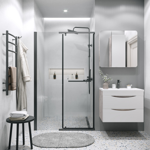 картинка Дверь в нишу 100.K33.03.100.21.00 Pragma (100*195) черный матовый, стекло прозрачное, 1 место от магазина Сантехстрой