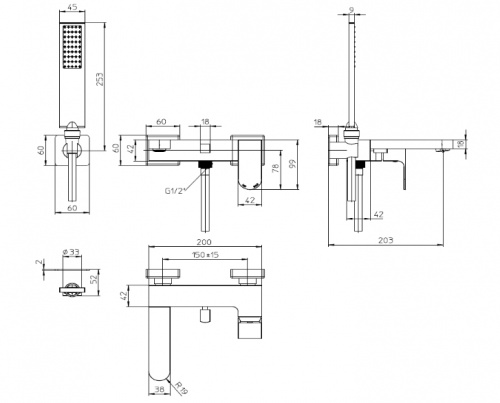 фото смеситель для ванны bossini gillo с ручным душем, керамический картридж, шланг из латуни 125 см., хром (z00727.030)