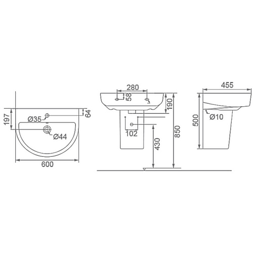 картинка Раковина с полупьедесталом Creo Ceramique RENNES 600х455х500 керамика, белый глянцевый (RE3000+RE3050) от магазина Сантехстрой