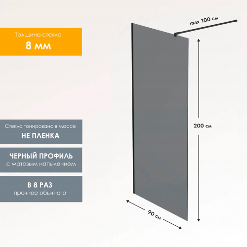картинка Душевая перегородка, ограждение Reflexion RX20090TBL-16 Walk in 200x90см, тонированное закаленное стекло 8мм, черный профиль от магазина Сантехстрой
