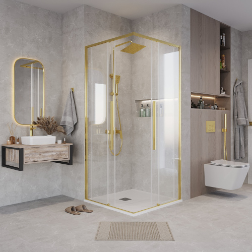 картинка Душ.ограждение 300.K33.01.9090.32.00 Galaxy (90*90*195) квадрат,раздвижн,золото сатин,стекло прозрач от магазина Сантехстрой