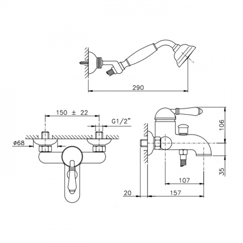картинка Nicolazzi El Capitan Смеситель для ванны однорычажный, настенный, с ручным душем, цвет: бронза от магазина Сантехстрой