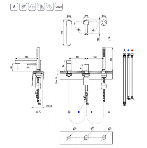 фото смеситель врезной каскадный для ванн pu 026.20 черный
