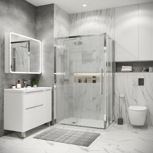 картинка Душевое ограждение Grossman Cosmo 100.K33.02.110.10.02-200.K33.02.80.10.02 (110х80х195) раздвижная(левая),хром,стекло шиншилла,2 места от магазина Сантехстрой