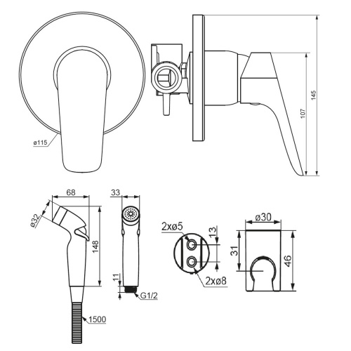 картинка 777510300 Jupiter, смеситель монтируемый в стену с гиг. душем, черный от магазина Сантехстрой