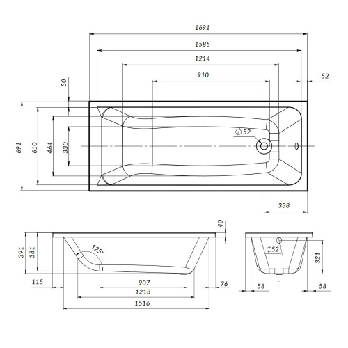 картинка W90A-170-070W-A1 Gem, ванна акриловая A1 170x70см от магазина Сантехстрой