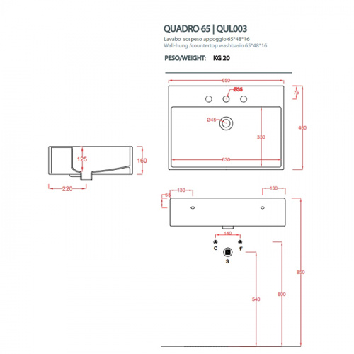 картинка Artceram QUADRO Раковина накладная/подвесная  65х48 см, с 1 отв под смеситель, со слив переливом, цвет белый (СПЕЦЦЕНА со СКЛАДА!) от магазина Сантехстрой