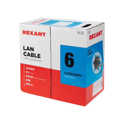 картинка Кабель витая пара U/UTP,  CAT 6, ZH нг(А)-HF,  4PR,  23AWG, INDOOR, SOLID,  серый,  305 м,  REXANT от магазина Сантехстрой