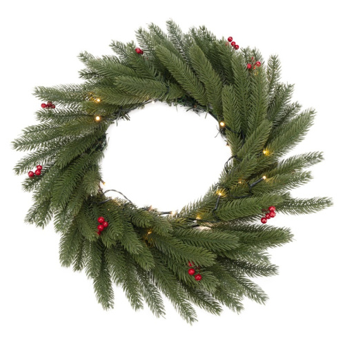 картинка Еловый венок с ягодами и гирляндой NEON-NIGHT Ø 45 см,  20 LED,  2 х АА,  литой,  теплое белое свечение от магазина Сантехстрой