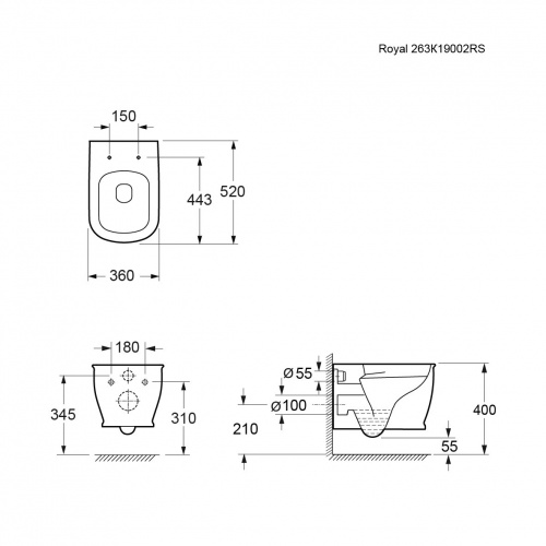картинка Унитаз Royal 263K19002RS (520*360*345) подвесной БЕЗОБОДКОВЫЙ, 2 места от магазина Сантехстрой