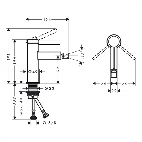 фото hansgrohe finoris смеситель для биде на 1 отверстие, однорычажный, с донным клапаном, цвет черный матовый