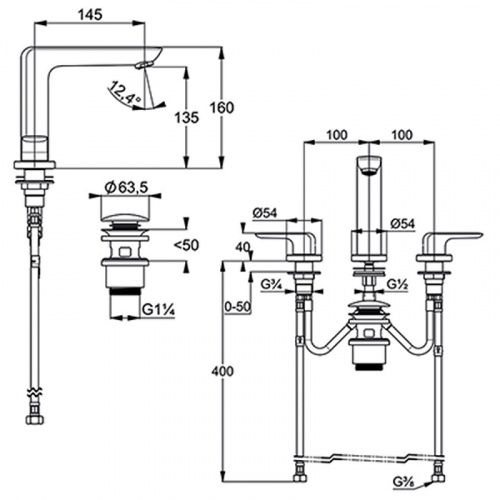 картинка Смеситель для раковины Kludi Ameo двухвентильный, с донным клапаном, на 3 отверстия, хром (413930575) от магазина Сантехстрой