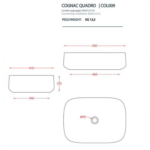 картинка Artceram COGNAC Раковина накладная, Quadro 56x41хh15,5см, без отв под смеситель, без перелива, цвет: белый от магазина Сантехстрой
