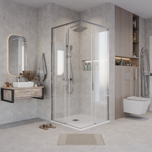 картинка Душевое ограждение Grossman Galaxy 300.K33.01.8080.10.00 (80х80х195) квадрат,раздвижная,хром,стекло прозрачное, 1 место от магазина Сантехстрой