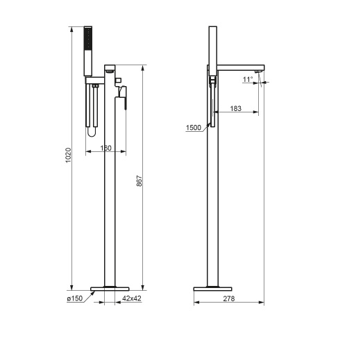 фото 535000300 gala смеситель для ванны и душа, отдельностоящий, с ручным душем и шлангом, черный матовый