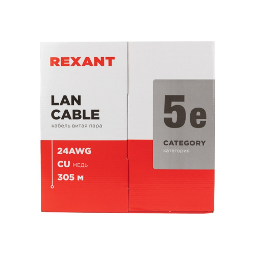 картинка Кабель витая пара U/UTP,  CAT 5e,  ZH нг(А)-HF,  4PR,  24AWG, INDOOR, SOLID,  серый,  305 м,  REXANT LIGHT от магазина Сантехстрой