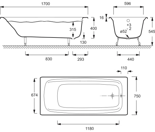 картинка Ванна чугунная Jacob Delafon DIAPASON 170x75 см без антискользящего покрытия, с отверстием для ручек, без ножек, белая (E2937-S-00) от магазина Сантехстрой