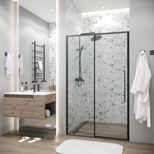 картинка Дверь в нишу Grossman Galaxy 100.K33.01.140.21.00 (140х195) черный матовый,стекло прозрачное,раздвижная, 1 место от магазина Сантехстрой