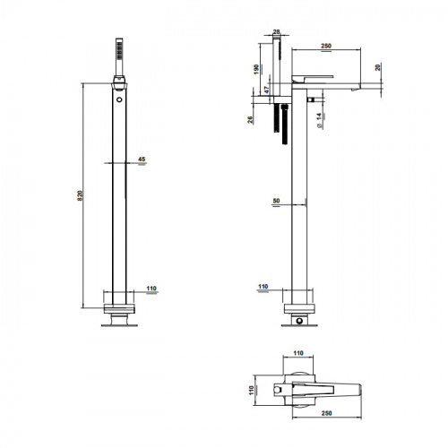 картинка Bongio Stelth Смеситель для ванны напольный 820 мм, с ручным душем и дивертером, (необх.внутр.часть 09744) цвет золото от магазина Сантехстрой