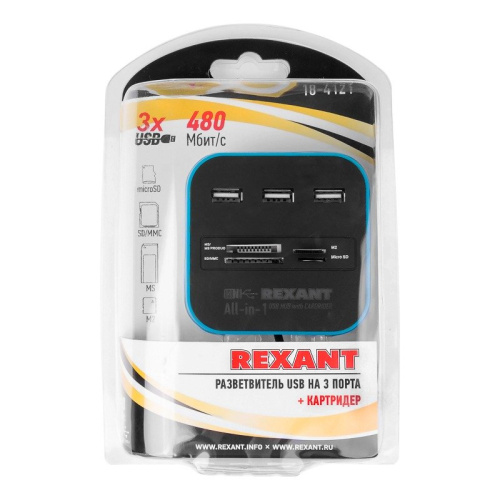 картинка Разветвитель USB на 3 порта+картридер (все в одном) черный REXANT от магазина Сантехстрой
