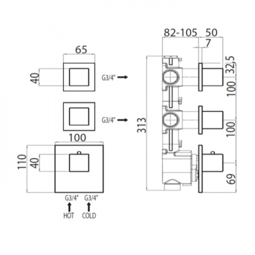 картинка Bossini Cube Термостат для душа, встраиваемый (внешняя часть), с девиаторм/запорным вентилем на 2 - 4 выхода, уст-ка верт/гор., цвет: хром от магазина Сантехстрой