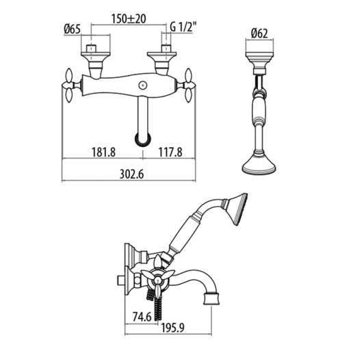 картинка Gattoni Timor Смеситель для ванны с лейкой и шлангом, цвет золото 24кт  (спеццена - только на остатки со склада!) от магазина Сантехстрой
