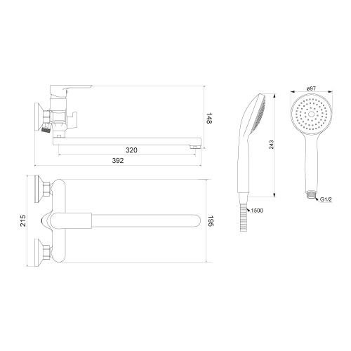 фото 479500000 apollo смеситель для ванной и душа с универсальным изливом и душ.набором, хром