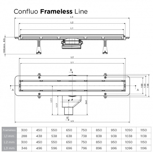 картинка Душевой лоток Pestan Confluo Frameless Line 550 Black Matte 13701319 с решеткой Черный матовый / полая под плитку от магазина Сантехстрой