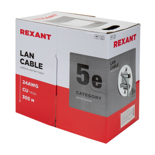 картинка Кабель витая пара F/UTP,  CAT 5e, PVC,  4PR,  24AWG, INDOOR, SOLID,  серый,  305 м,  REXANT от магазина Сантехстрой