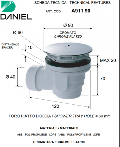 картинка Daniel Docce Сифон для д/поддона со сливным отверстием диам. 60 мм, хром от магазина Сантехстрой