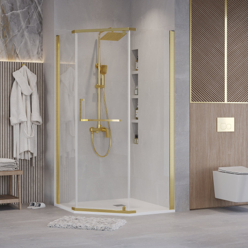 картинка Душ.ограждение 302.K33.03.9090.32.00 Pragma (90*90*195) трапеция,распашн,золото сатин,стекло прозрач от магазина Сантехстрой