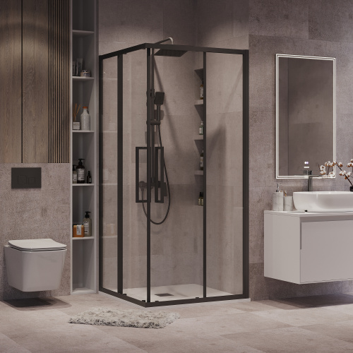 картинка Душевое ограждение Grossman Cosmo 300.K33.02.9090.21.00 (90х90х195) квадрат,раздвижная,черный матовый,стекло прозрачное, 1 место от магазина Сантехстрой