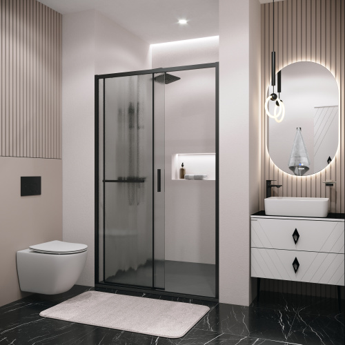 картинка Дверь в нишу 100.K33.05.130.21.02 Style (130*195) черный матовый, стекло шиншилла, 1 место от магазина Сантехстрой