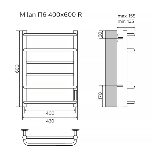 картинка Полотенцесушитель электрический AZARIO MILAN 400/600 6 секций, диммер справа, хром (AZ90846) от магазина Сантехстрой