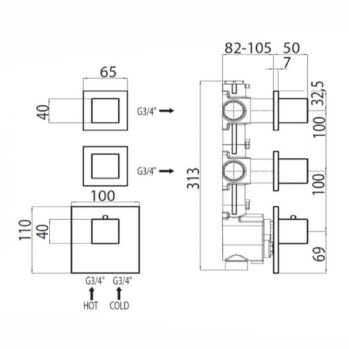 картинка Bossini Встр. часть термостата с 2 запорными клапанами, (2 выхода) высокой пропускной способности на &frac34;&rdquo;, уст-ка верт/гор. от магазина Сантехстрой
