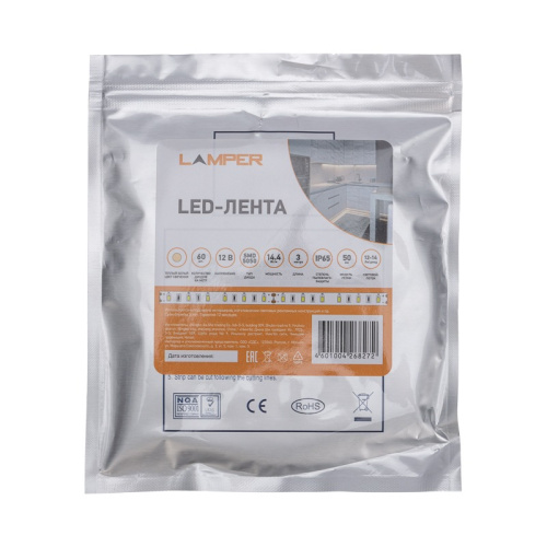 картинка Лента светодиодная 12В,  SMD5050, 14,4Вт/м,  60 LED/м,  2700К,  10мм,  3м,  для БП с клеммами,  IP65 LAMPER от магазина Сантехстрой