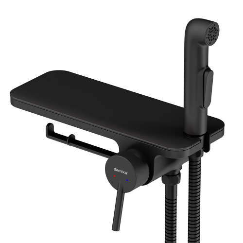 фото 773500301 jupiter, смеситель монтируемый в стену с гиг. душем и полкой, черный