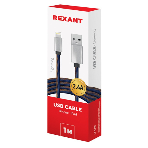 картинка Кабель USB-Lightning для iPhone/2,4A/nylon/denim/1m/REXANT от магазина Сантехстрой