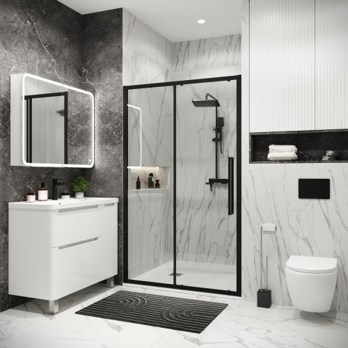 картинка Дверь в нишу 100.K33.02.120.21.00 Cosmo (120*195) черный матовый, стекло прозрачное, 1 место от магазина Сантехстрой